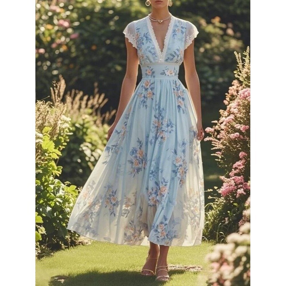 FEHAUTE Light Blue Floral Chiffon V-Neck Maxi Dress Women 6 Lace Cap Sleeve NEW